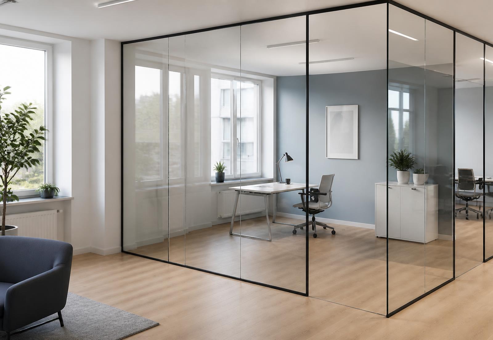 Lyst, nyvasket kontorlokale med glassvegger og dagslys