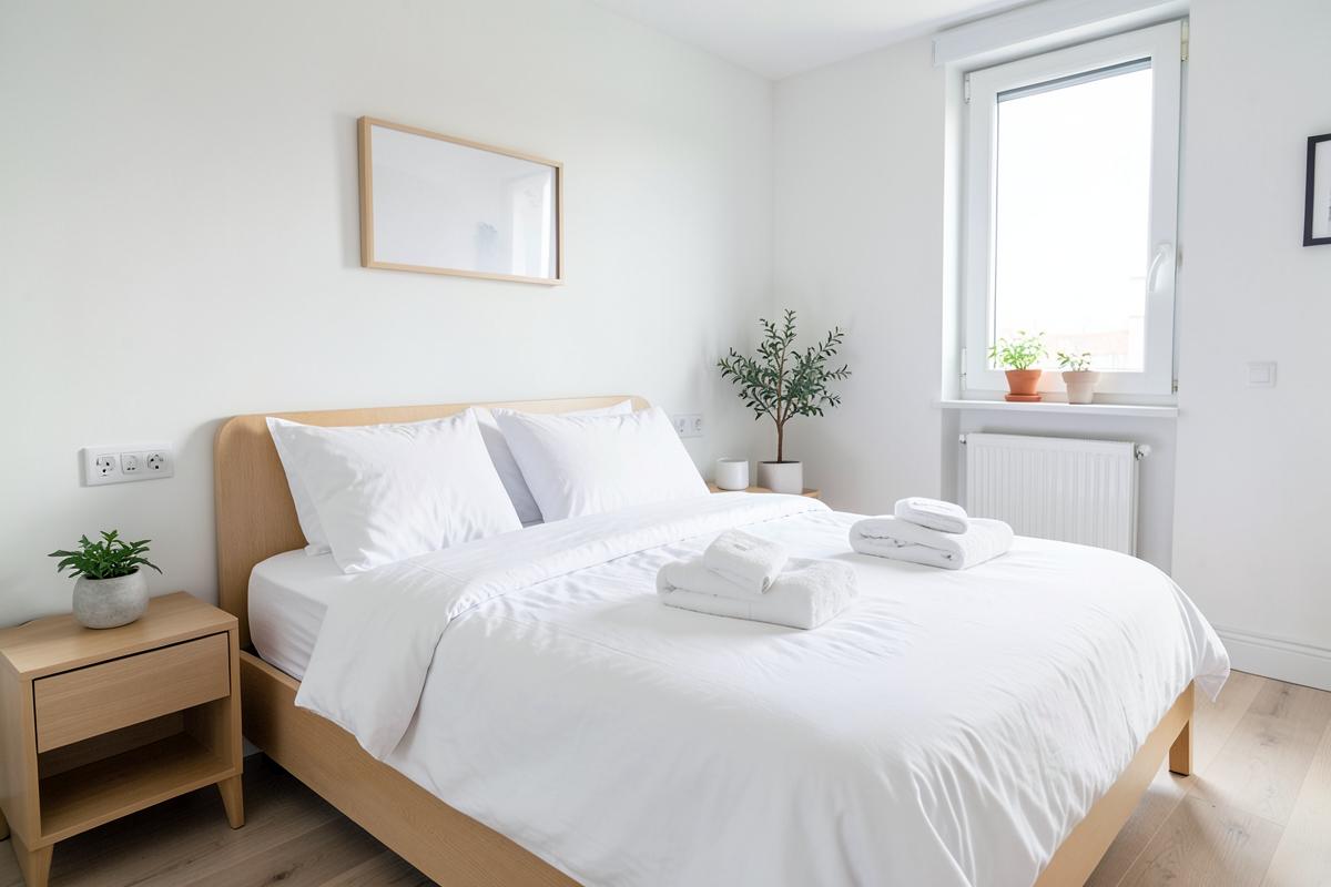 Nyoppredd seng med rent sengetøy og brettede håndklær i utleieleilighet